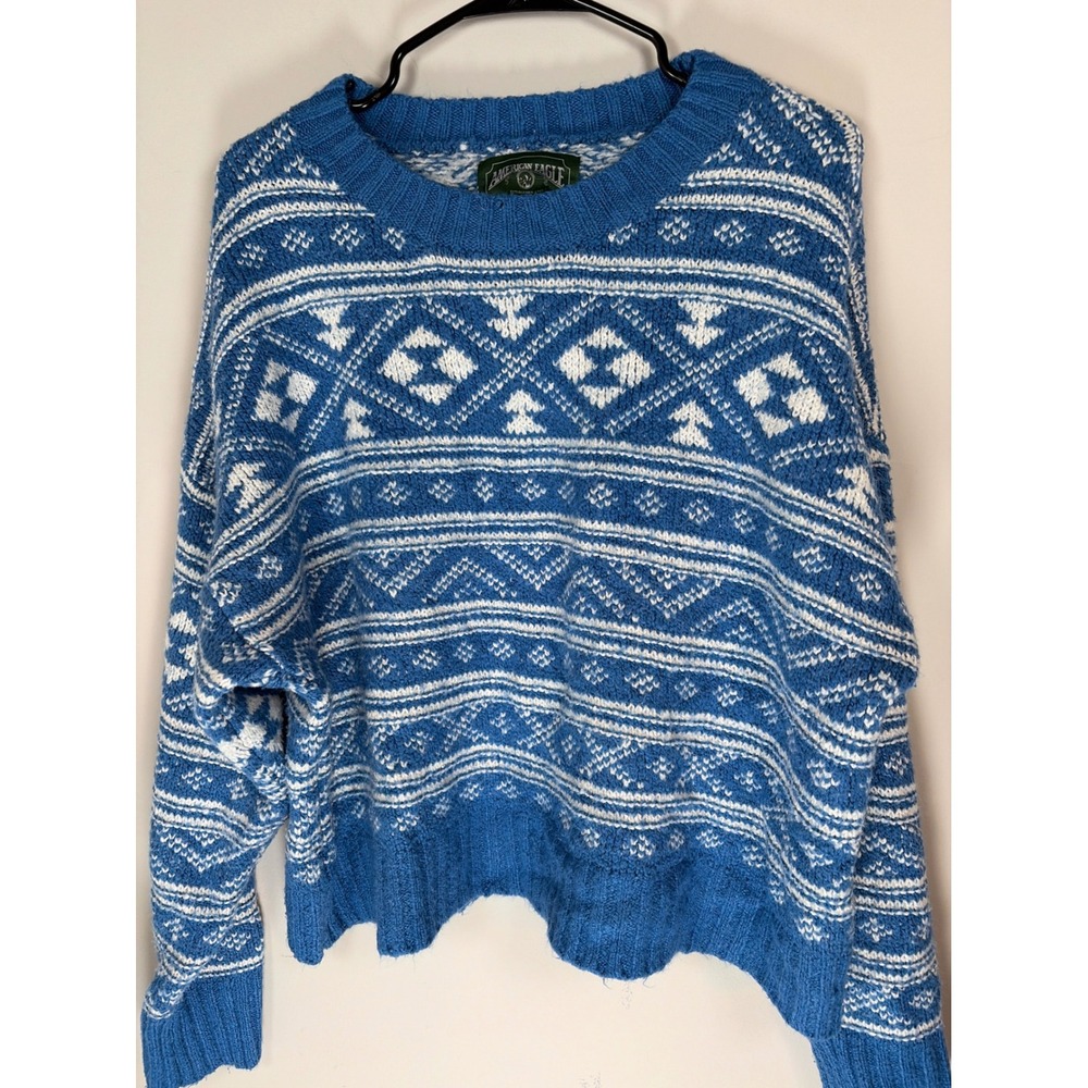 American Eagle Women Blue White Fair Isle Knit Crewneck Sweater Large